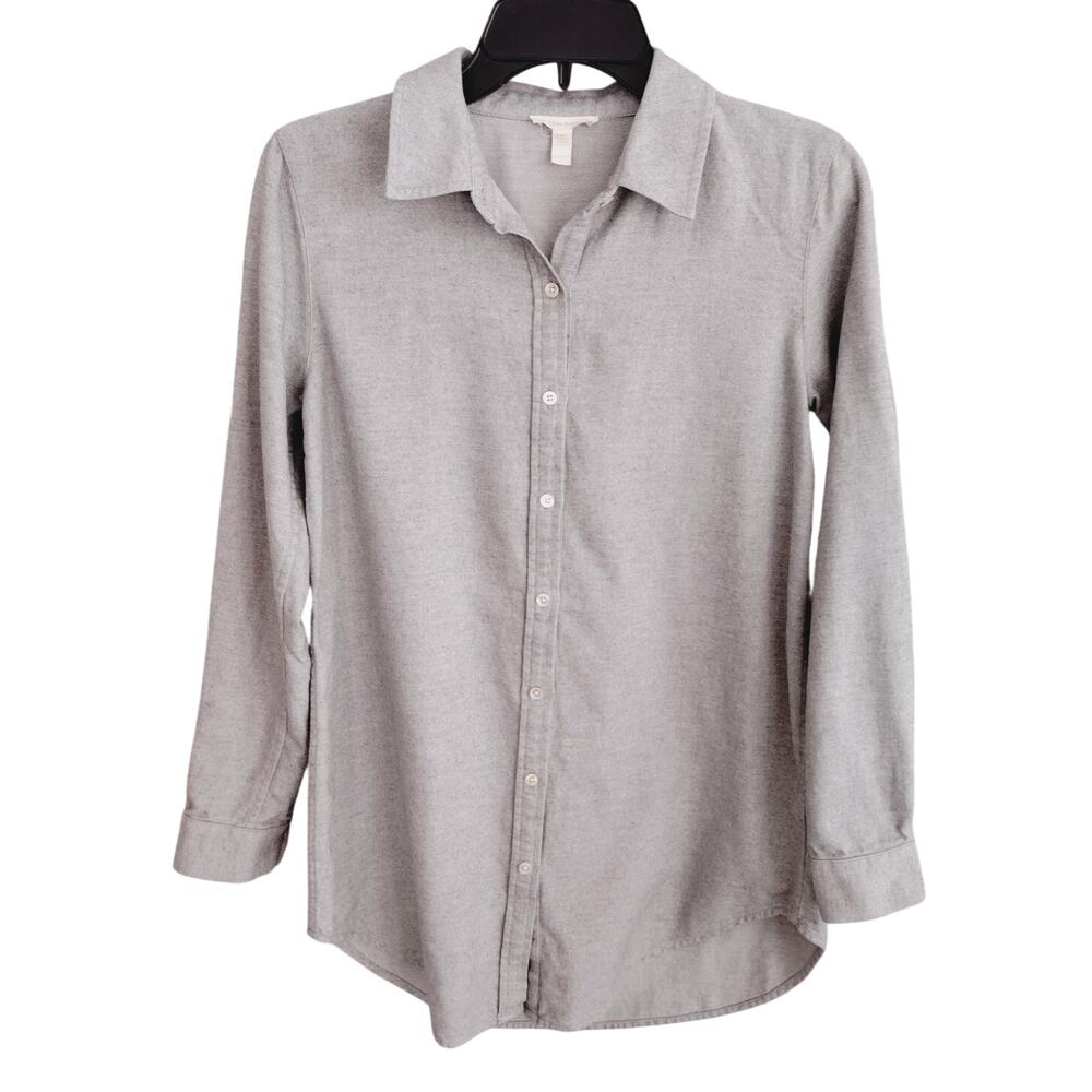 Eileen Fisher Gray 100% Organic Cotton Long-Slv Button-Up Tunic Shirt Womens XXS